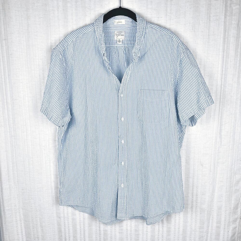 J. Crew Yarn Dyed Blue White Seersucker Classic Fit Short Sleeve Button Down XL
